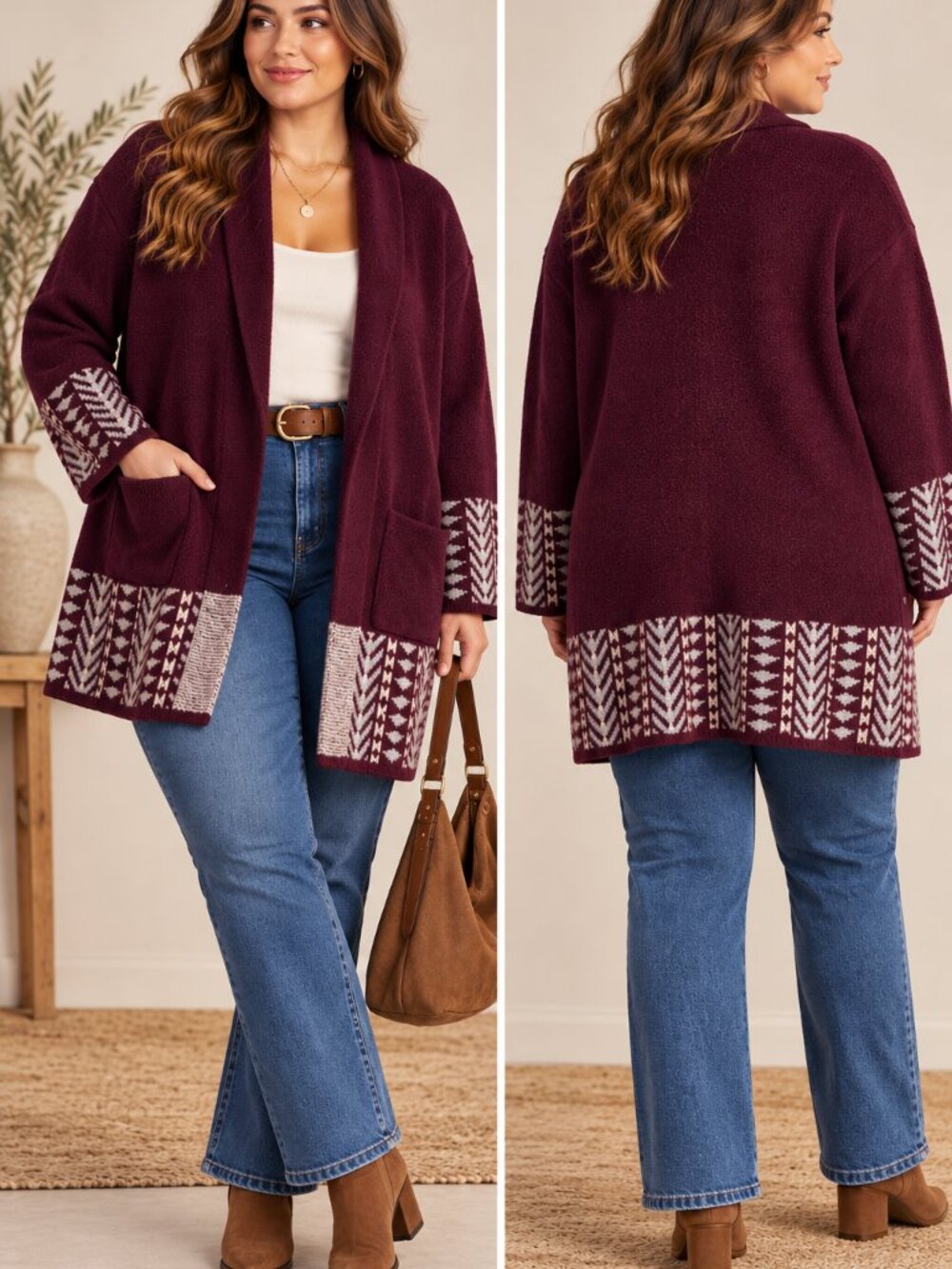 Frye The Cozy Cardigan Burgundy Geometric Open Front Sweater XXL